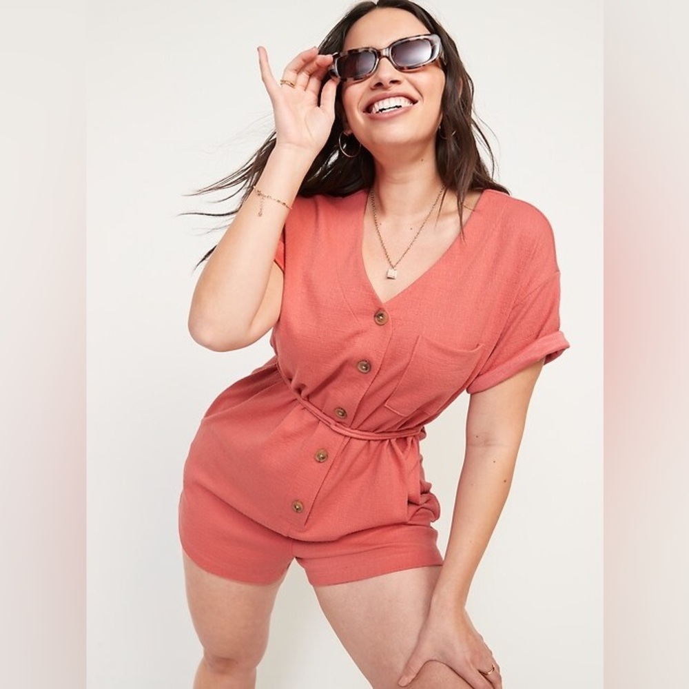 Coral Button-Up Romper with Belt